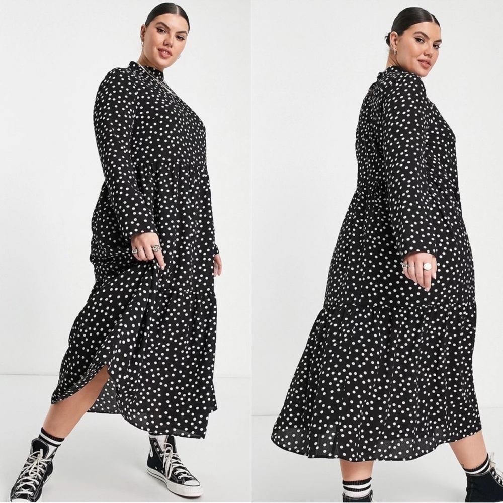ASOS CURVE Polka Dot Spotted Mock Neck Dress Long Sleeves Size US 16 Tiered Midi
